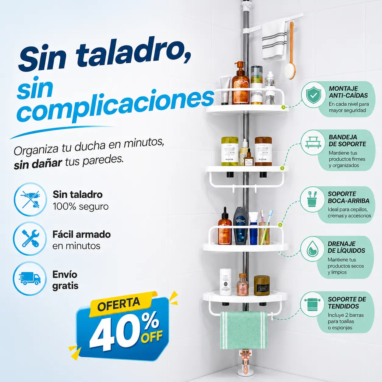 Estante para ducha 4 niveles | Adios al desorden de la ducha, sin taladro y sin complicarte